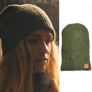 Tribe Kelley Road Tripper Distressed Beanie Hat Olive Green Boho Ribbed Grunge